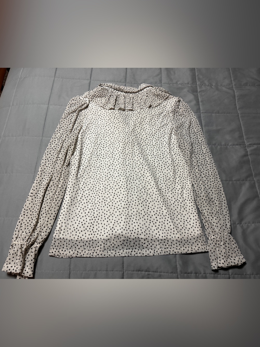 SALE Elegant Ember Polka Dot Chiffon Blouse White Black Ruffle Button - Picture 2 of 8